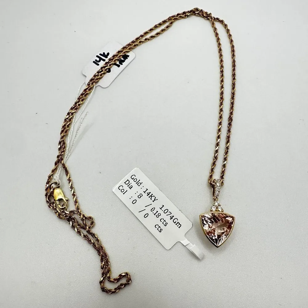 NWT 10mm trillion cut morganite w/ accent .18ct diamonds set in 14k YG necklace!
